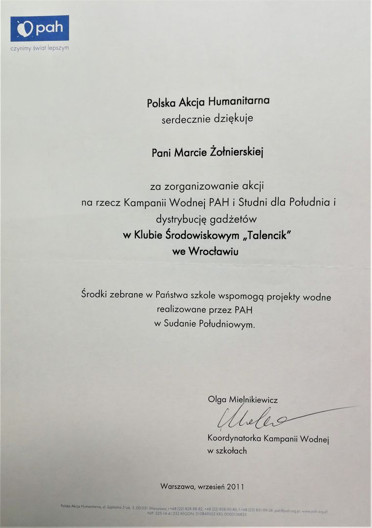 Podziękowanie PAH