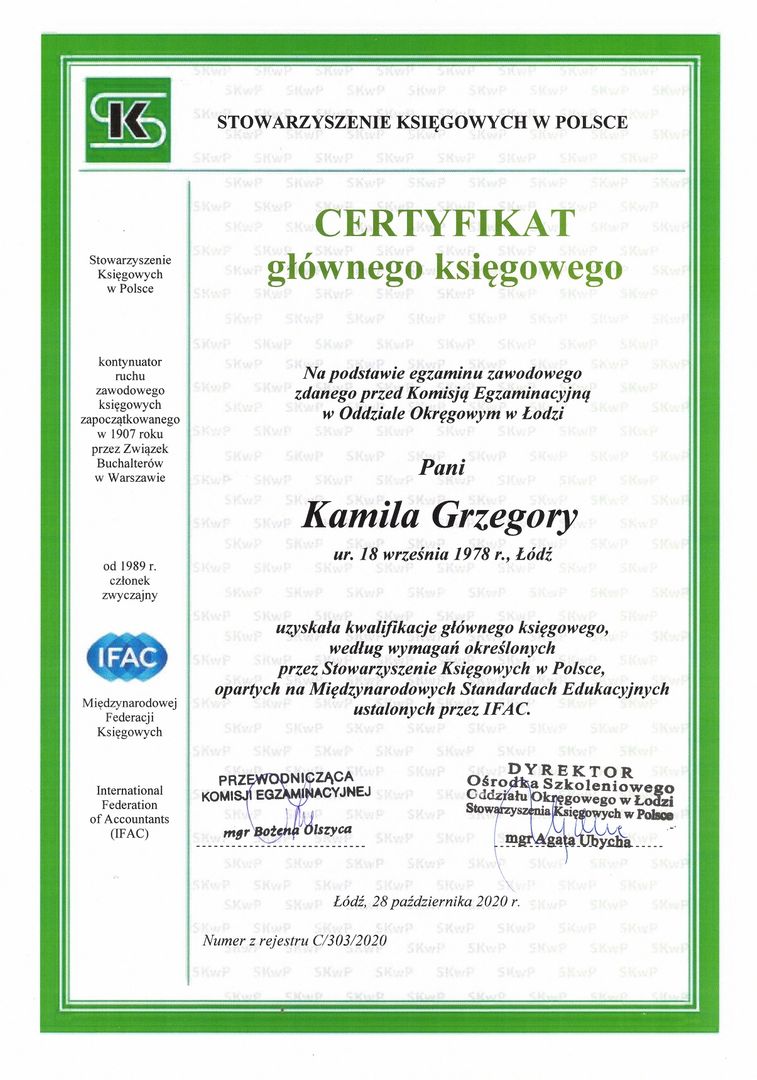Certyfikat Głównego Księgowego wydany przez SKWP