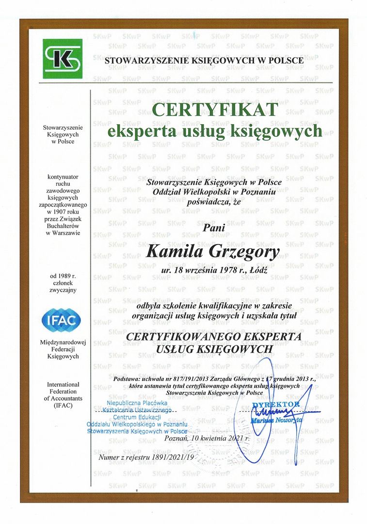 Certyfikat Eksperta Usług księgowych wydany przez SKWP
