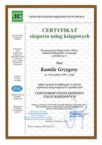Miniatura Certyfikat Eksperta Usług księgowych wydany przez SKWP