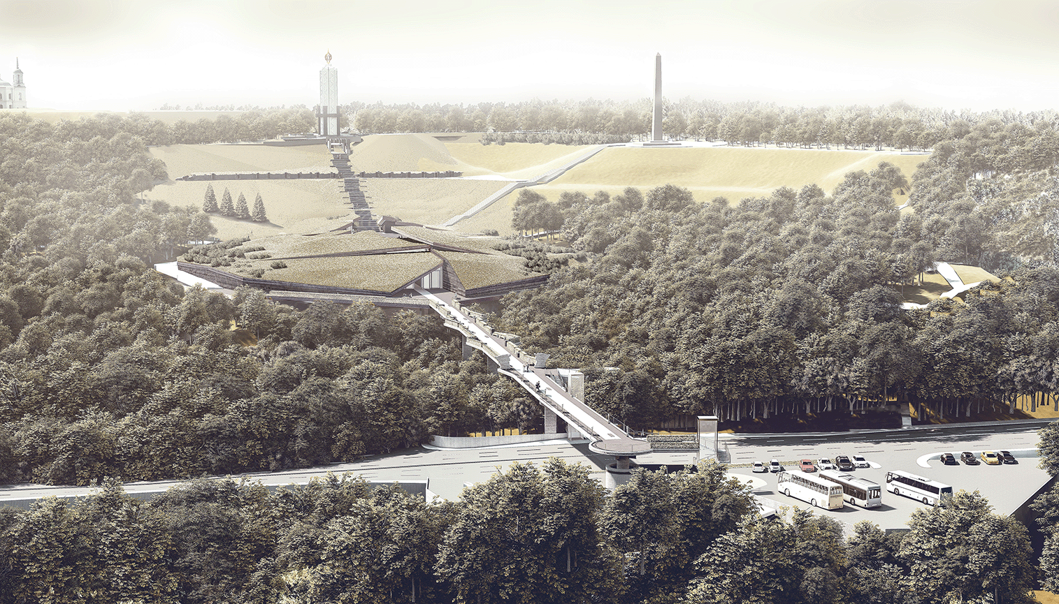 Projekt budynku Muzeum Hołodomoru w Kijowie. Na wizualizacji widać położony pośród zieleni Doliny Dniepru budynek, który znajduje się na osi pomnika w kształcie świecy. To niski budynek w kolorach ziemi, pękający na pół.