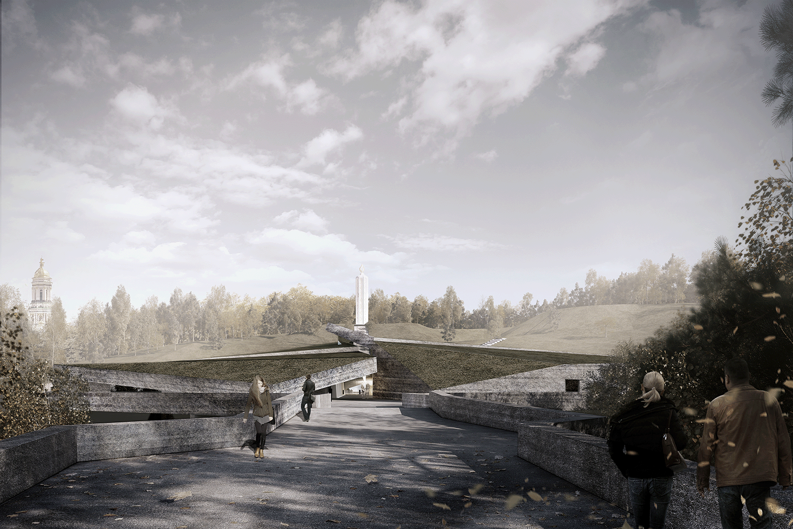 Projekt budynku Muzeum Hołodomoru w Kijowie. Projekt budynku Muzeum Hołodomoru w Kijowie. Na wizualizacji jest położony pośród zieleni Doliny Dniepru budynek, który znajduje się na osi pomnika w kształcie świecy. To niski budynek w kolorach ziemi, pękający na pół. Na drugiej wizualizacji przedstawiono zbliżenie na projekt, wejście do budynku, a nie tylko jego otoczenie.