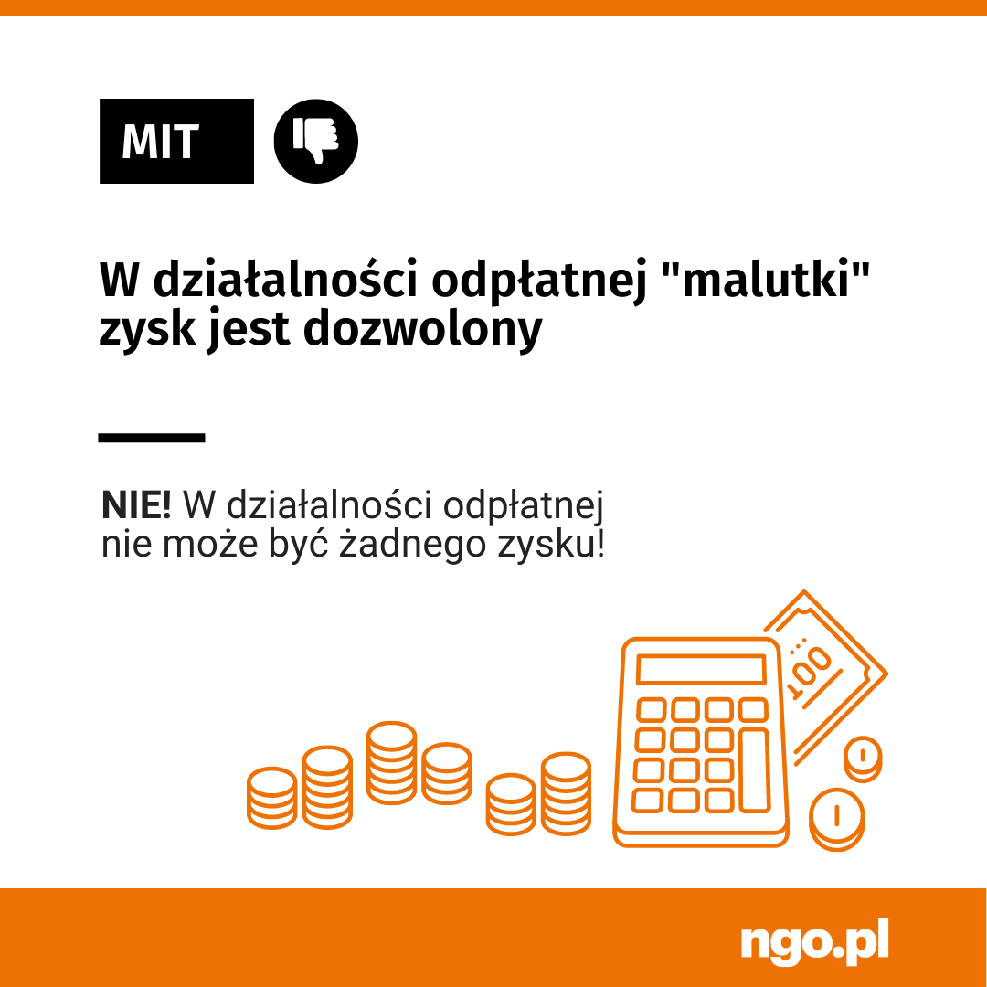 Mit [kciuk w dół] W działalności odpłatnej "malutki" zysk jest dozwolony [linia pozioma] NIE! W działalności odpłatnej nie może być żadnego zysku. Po prawej stronie i na dole rysunki monet, banknotu i kalkulatora. Na samym dole pomarańczowy pasek z napisem: ngo.pl.  Kolory obrazka: pomarańczowy, biały i czarny.