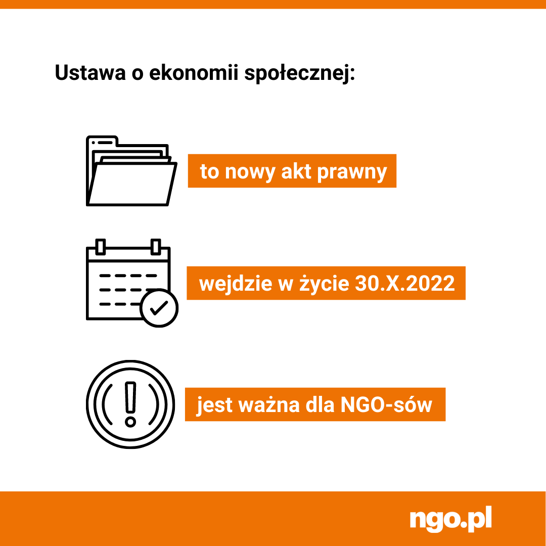 Tekst: Ustawa o ekonomii społecznej:  [symbol: foldery, skoroszyty] to nowy akt prawny [symbol: kartka z kalendarza] wejdzie w życie 30 października 2022 [symbol: wykrzyknik] jest ważna dla NGO-sów