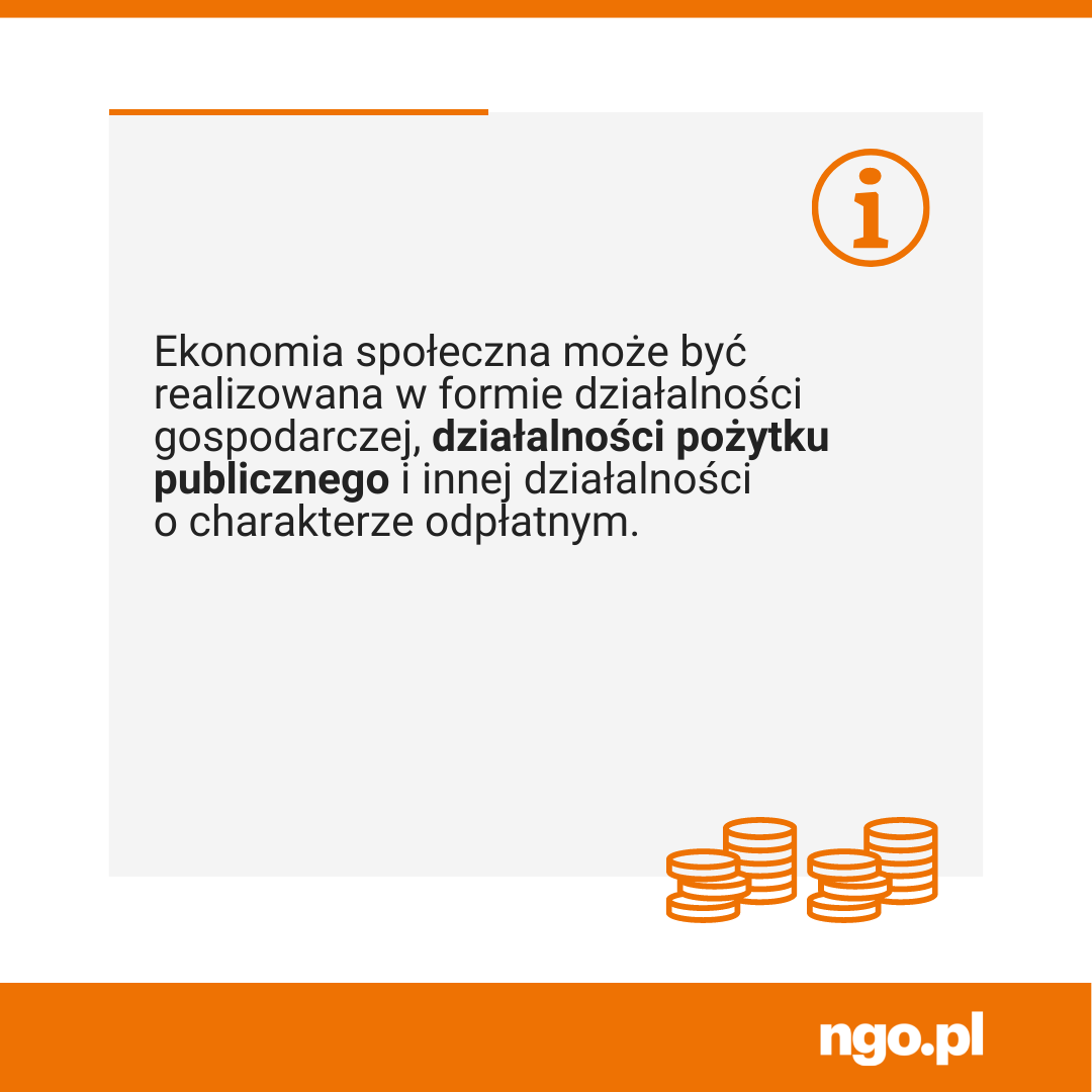 Tekst: Może być realizowana w formie działalności gospodarczej, działalności pożytku publicznego i innej działalności o charakterze odpłatnym. Na dole rysunek przedstwiający monety.