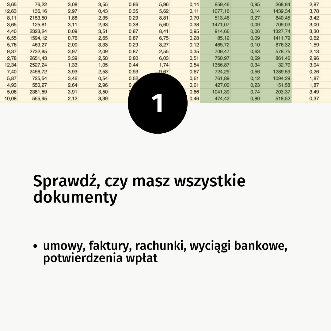 Duża jedynka w czarnym kole. Poniżej tekst: Sprawdź, czy masz wszystkie dokumenty [wypunktowanie] umowy, faktury, rachunki, wyciągi bankowe, potwierdzenia wpłat. Na górze obrazka tło - tabelka z kolorowymi kolumnami wypełniona liczbami.