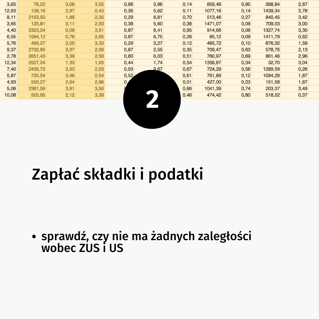 Duża dwójka w czarnym kole. Poniżej tekst: Zapłać składki i podatki [wypunktowanie] sprawdź, czy nie ma żadnych zaległości wobec ZUS i US. Na górze obrazka tło - tabelka z kolorowymi kolumnami wypełniona liczbami. 