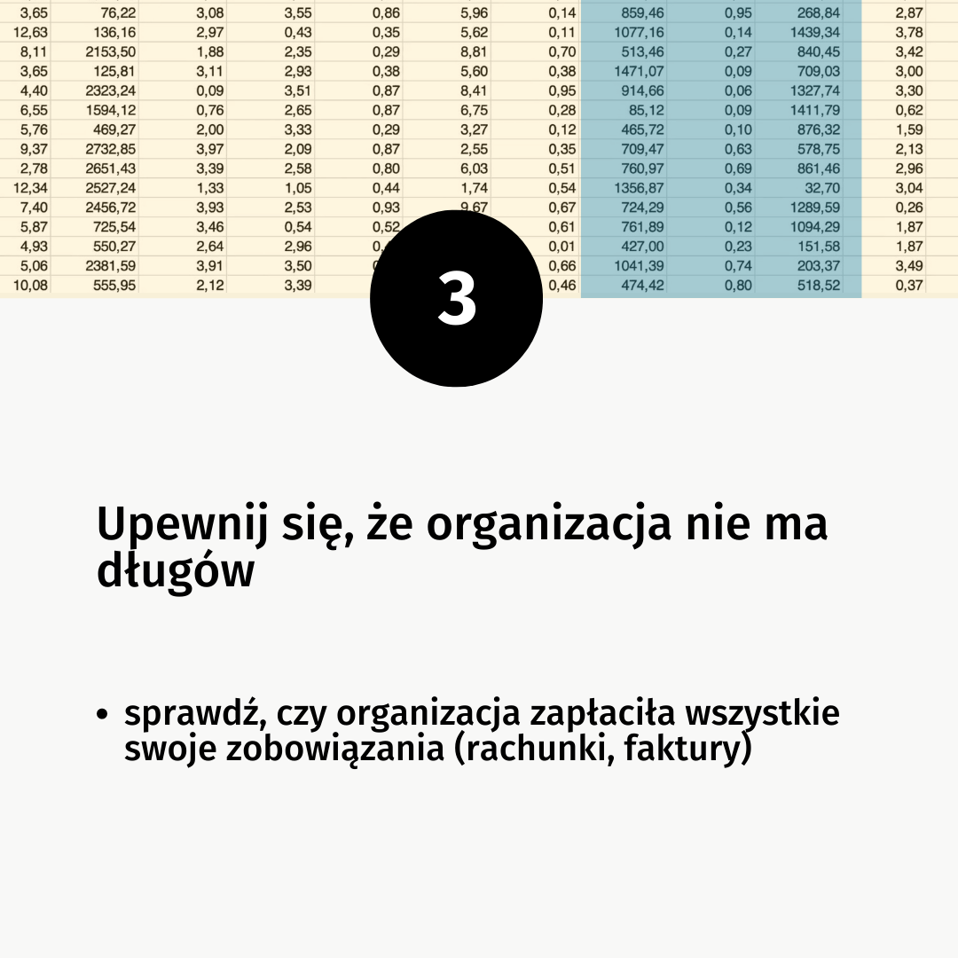 Duża trójka w czarnym kole. Tekst: Upewnij się, że organizacja nie ma długów [wypunktowanie] sprawdź, czy organizacja zapłaciła wszystkie swoje zobowiązania (rachunki, faktury). Na górze obrazka tło - tabelka z kolorowymi kolumnami wypełniona liczbami.