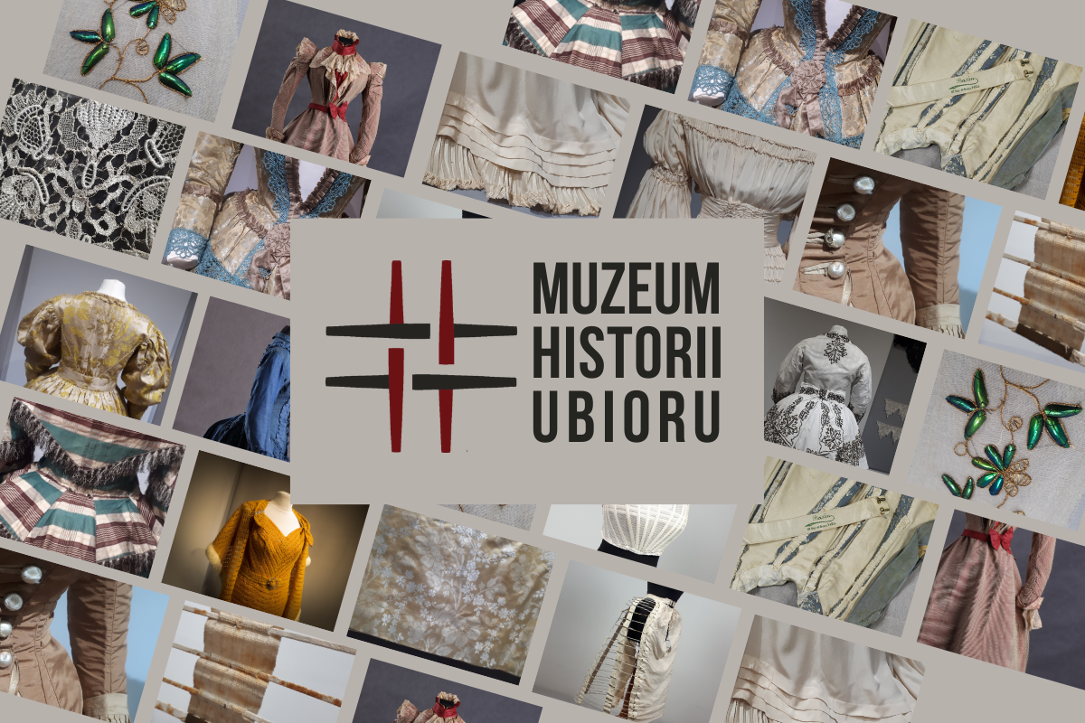 Kolaż fotografii obiektów ze zbiorów Muzeum Historii Ubioru