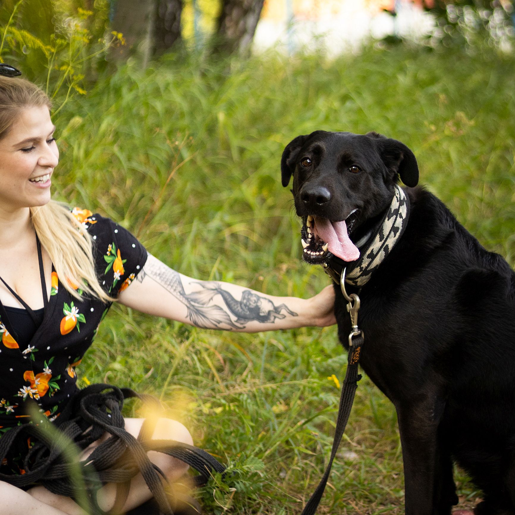 Po lewej stronie na trawie siedzi młoda blondynka, ubrana w ciemną sukienkę. Lewą ręką dotyka dużego czarnego psa. Pies patrzy prosto w obiektyw. 