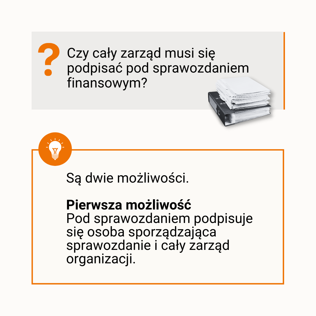 [pytanie] Czy cały zarząd musi się podpisać pod sprawozdaniem finansowym? [odpowiedź] Są dwie możliwości. Pierwsza. Pod sprawozdaniem podpisuje się osoba sporządzająca sprawozdanie i cały zarząd organizacji.