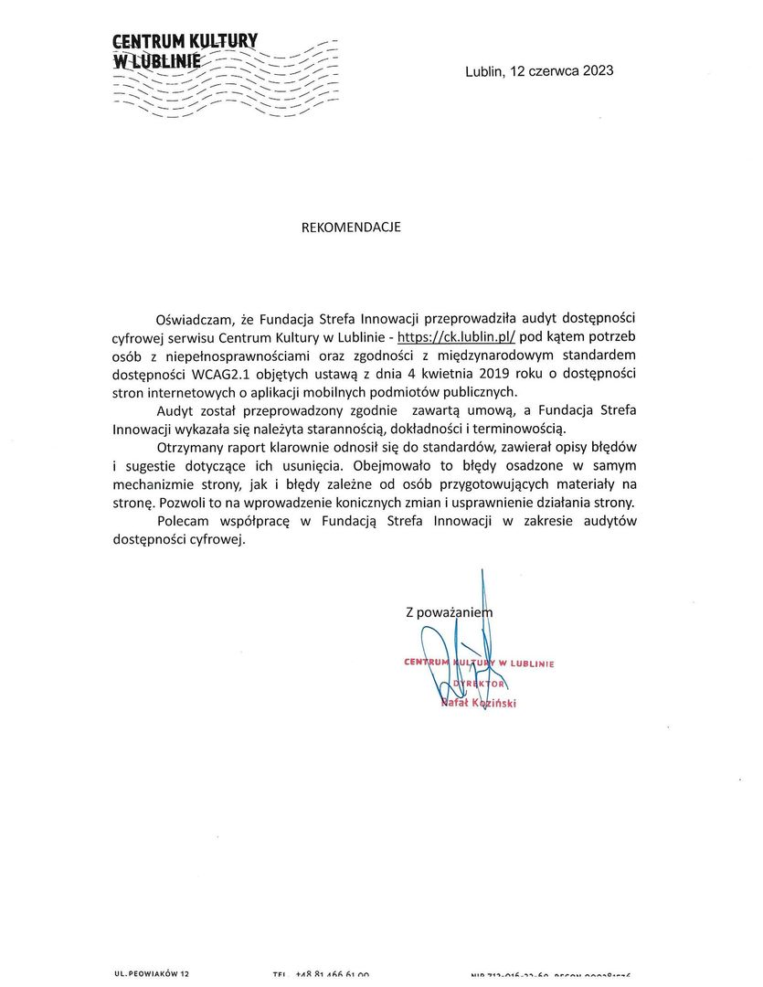 Rekomendacja od Centrum Kultury w Lublinie po przeprowadzeniu audytu dostępności cyfrowej strony www.ck.lublin.pl