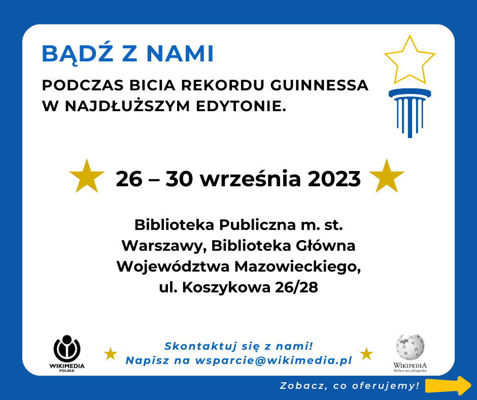 Grafika rekrutacyjna dla wolontariuszy i wolontariuszek Rekordu Guinnessa. Informacje powtarzają się w tekście ogłoszenia. 