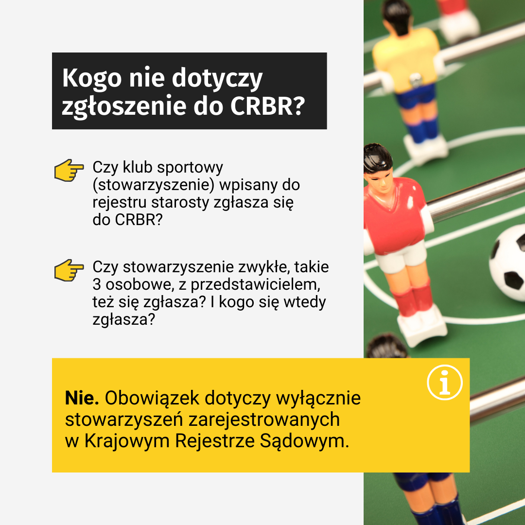 Tekst: Kogo nie dotyczy zgłoszenie do CRBR? Czy klub sportowy (stowarzyszenie) wpisany do rejestru starosty zgłasza się do CRBR? Czy stowarzyszenie zwykłe, takie 3 osobowe, z przedstawicielem, też się zgłasza? I kogo się wtedy zgłasza? Nie. Obowiązek dotyczy wyłącznie stowarzyszeń zarejestrowanych w Krajowym Rejestrze Sądowym. Po prawej stronie zdjęcie: przedstawia piłkarzyki (grę).