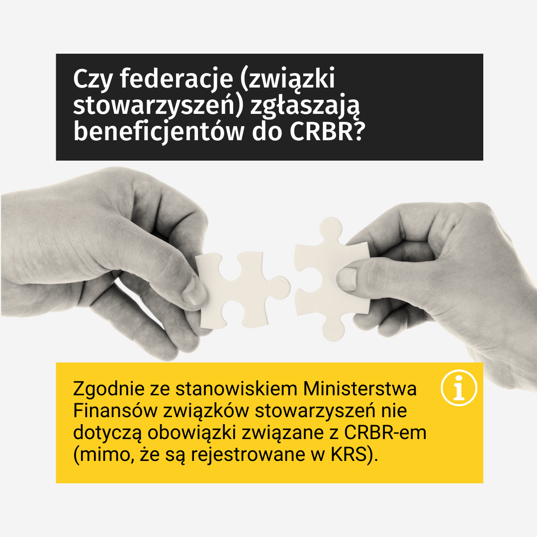 Tekst: Czy federacje (związki stowarzyszeń) zgłaszają beneficjentów do CRBR? Zgodnie ze stanowiskiem Ministerstwa Finansów związków stowarzyszeń nie dotyczą obowiązki związane z CRBR-em (mimo, że są rejestrowane w KRS). W tle (między pytaniem a odpowiedzią) zdjęcie dłoni składających puzzle.