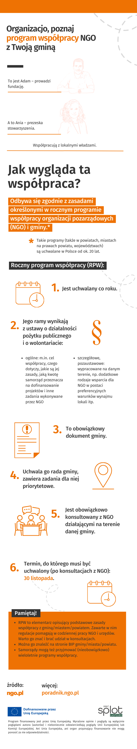 Infografika: Organizacjo, poznaj program współpracy NGO z Twoją gminą. Poniżej opis infografiki w formacie PDF dla osób niewidzących, niedowidzących.