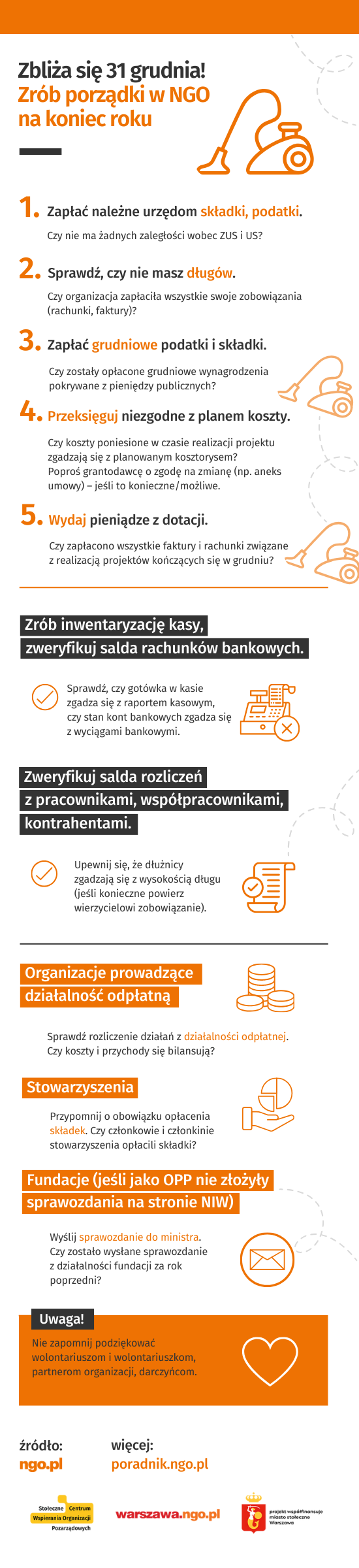 Infografika: Zbliża się 31 grudnia! Zrób porządki w NGO na koniec roku. Poniżej opis infografiki w formacie PDF dla osób niewidzących, niedowidzących. 