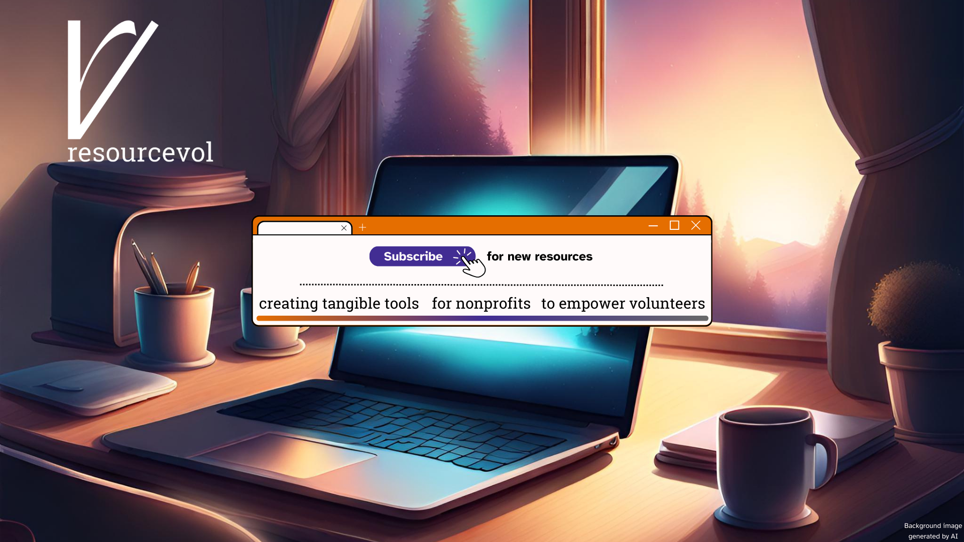 An illustration of a laptop sitting on a desk in front of a window, with the Resourcevol logo in the top left and a dialog box in the foreground encouraging viewers to subscribe for new resources