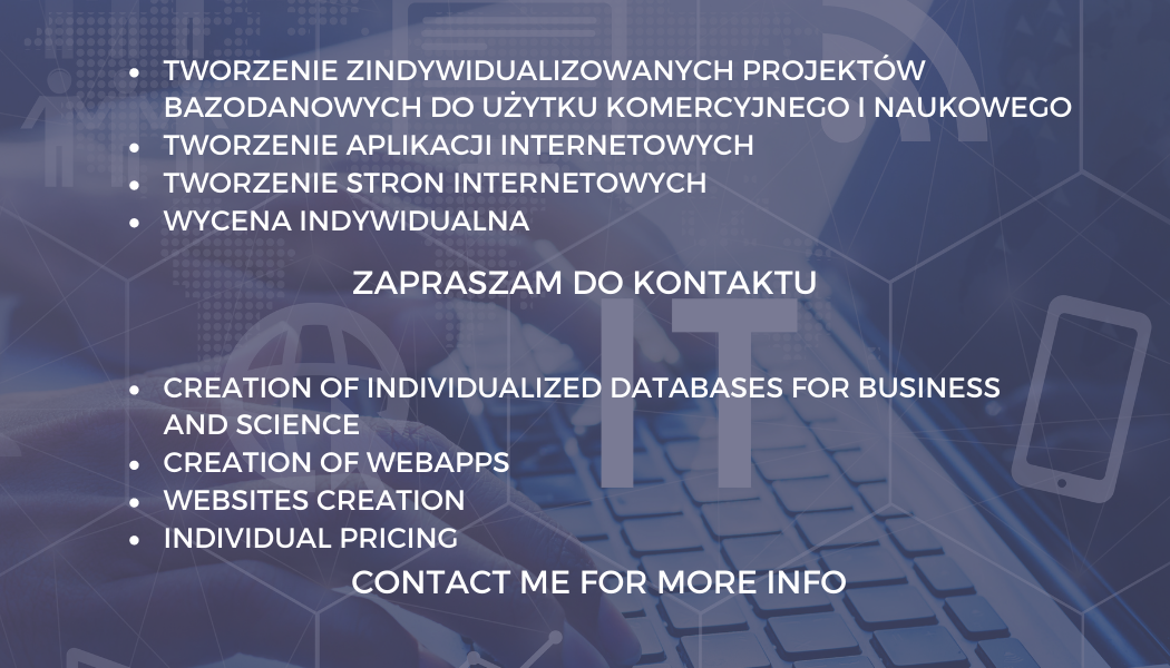 Tył wizytówki PP Usługi IT. Oferta firmy w języku polskim oraz angielskim, tworzenie baz danych dla celów komercyjnych oraz naukowych, tworzenie stron oraz aplikacji internetowy