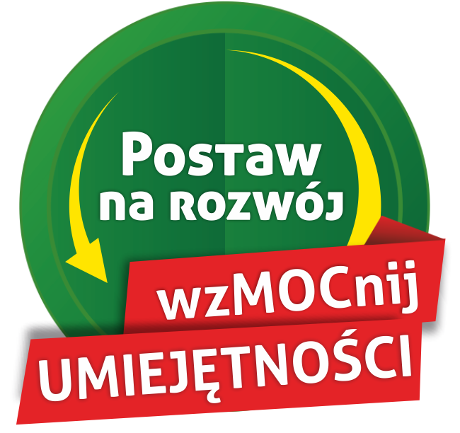 Znak przedstawiający napis na tle wiru w odcieniach zieloni z żółtą strzałką, Postaw na rozwój wzmocnij umiejętności. 