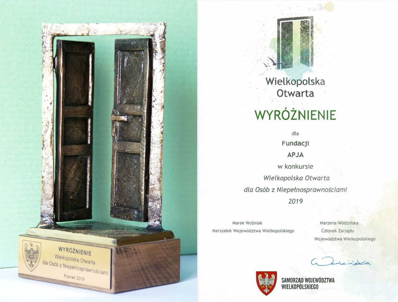 Wyróżnienie w konkursie: "Wielkopolska otwarta dla osób z niepełnosprawnościami" w 2019 r.