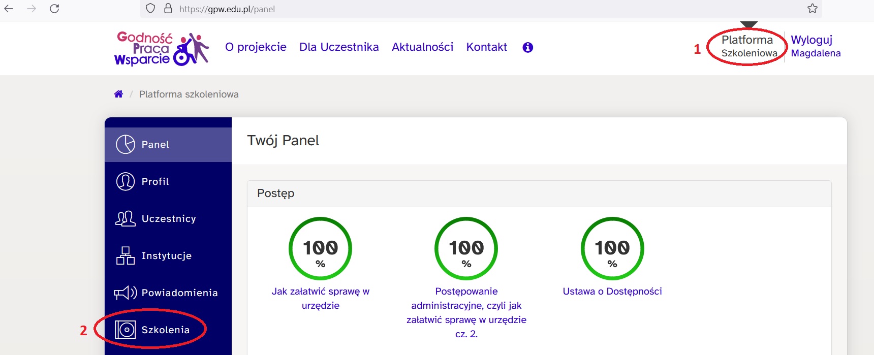 zrzut z widoku na platformie, który przedstawia postępy w realizacji szkoleń