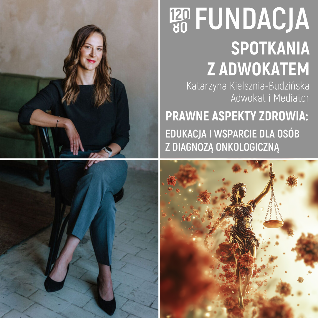 Grafika przedstawiająca siedzącą po lewej stronie Katarzynę Kielsznię-Budzińską, a po prawej stronie temat warsztatów, czyli Prawne Aspekty Zdrowia: Edukacja i Wsparcie dla Osób z Diagnozą Onkologiczną.