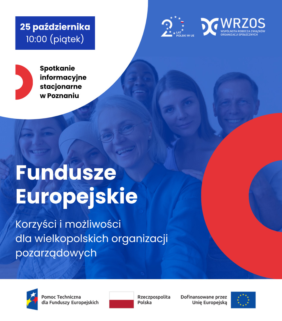 plakat informacyjny Fundusze Europejskie – korzyści i możliwości dla wielkopolskich NGO, Poznań 25 października (piątek)