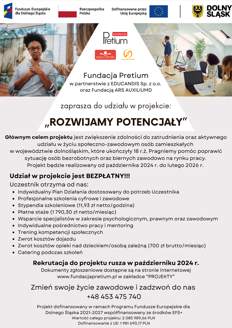 Plakat zawierający podstawowe informacje: kto jest organizatorem, tytuł projektu, główny cel, kto może wziąć udział, jakie wsparcie otrzyma uczestnik projektu i dane do kontaktu.