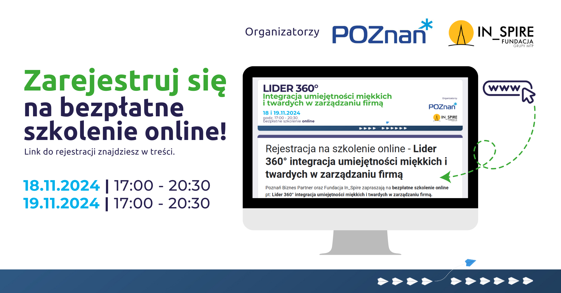 Grafika przestawia wizualizację formularza zgłoszeniowego – zachęcając do rejestracji swojego uczestnictwa w szkoleniu online. Na grafice widnieje data szkolenia, tj. 18 i 19 listopada 2024, w godzinach od 17:00 do 20:30.