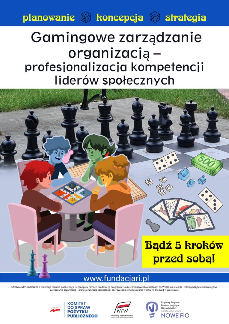 Na plakacie znajduje się tytuł programu , akcesoria różnych grier, szachownica, pionki, karty i osoby przy stole grające w gę.