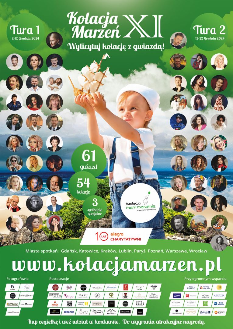 Plakat przedstawia dziecko na tle chmur a dookoła niego znajdują się zdjęcia osób biorących udział w XI Kolacji Marzeń. Dominującym tłem jest kolor zielony. 