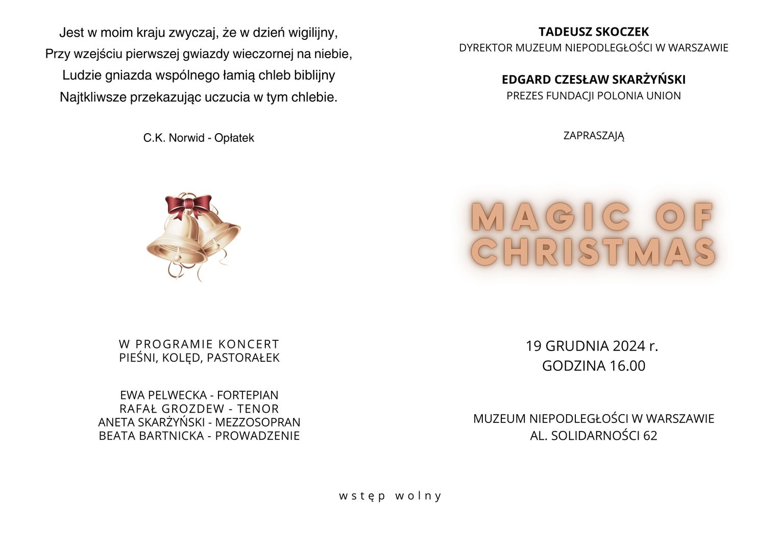 Zaproszenie str. 2,3 wydarzenia MAGIC OF CHRISTMAS - koncert pieśni, kolęd i pastorałek z okazji Świąt Bożego Narodzenia 