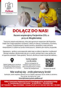 Miniatura Ulotka zapraszająca do kontaktu i rozpoczęcia współpracy ze stowarzyszeniem Pelikan jako wolontariusz, posługujący przy Pacjentach Oddziału Opiekuńczo - Leczniczego w Poznaniu. Na zdjęciu widnieje wolontariusz w żółtej koszulce karmiący osobę leżącą. 