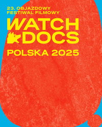 Miniatura Grafika przedstawia czerwony owalny kształt na niebieskim tle przypominający kamień. Na grafice znajduje się napis "23. Objazdowy Festiwal Filmowy WATCH DOCS Polska 2025"