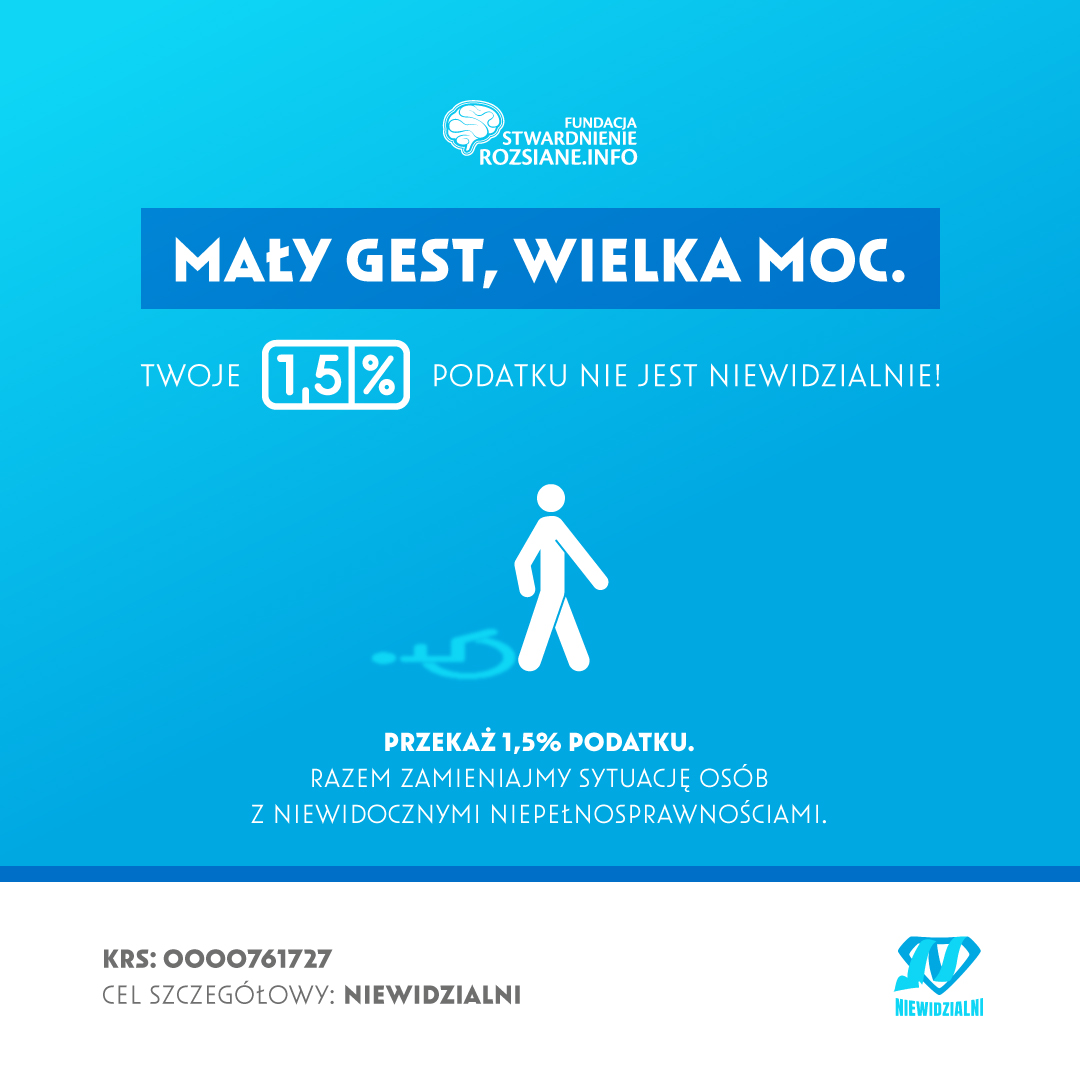 Mały gest, wielka moc. Przekaż 1,5% podatku na rzecz rozwoju projektu &amp;amp;amp;quot;Niewidzialni&amp;amp;amp;quot;. KRS: 0000761727. Cel szczegółowy: Niewidzialni