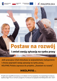 Miniatura Na zdjęciu znajduje się ulotka promująca projekt Stawiam na rozwój. Zdjęcie przedstawia kobietę oraz dwóch mężczyzn, którzy mają uniesione ręce w geście głosowania. U dołu strony znajduje się informacja o źródłach finansowania projektu. 