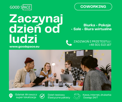 Miniatura Grafika promująca Good Space Coworking w Gdańsku Wrzeszczu. Hasło: "Zaczynaj dzień od ludzi". Informacja o dostępnych usługach: biurka, pokoje, sale, biura wirtualne. Zachęta do kontaktu i przetestowania coworkingu: numer telefonu +48 501 513 167. W dolnej części zdjęcie grupy młodych ludzi pracujących wspólnie przy stole. Dodatkowe atuty: super lokalizacja, dzień testowy, elastyczne pakiety, dostęp 24/7, kawa, internet, drukarka.