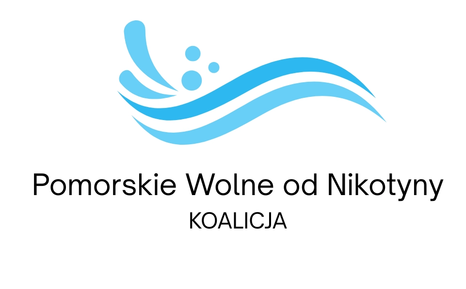 Niebieskie logo programu w kształcie fali z napisem "Pomorskie wolne od nikotyny" - koalicja