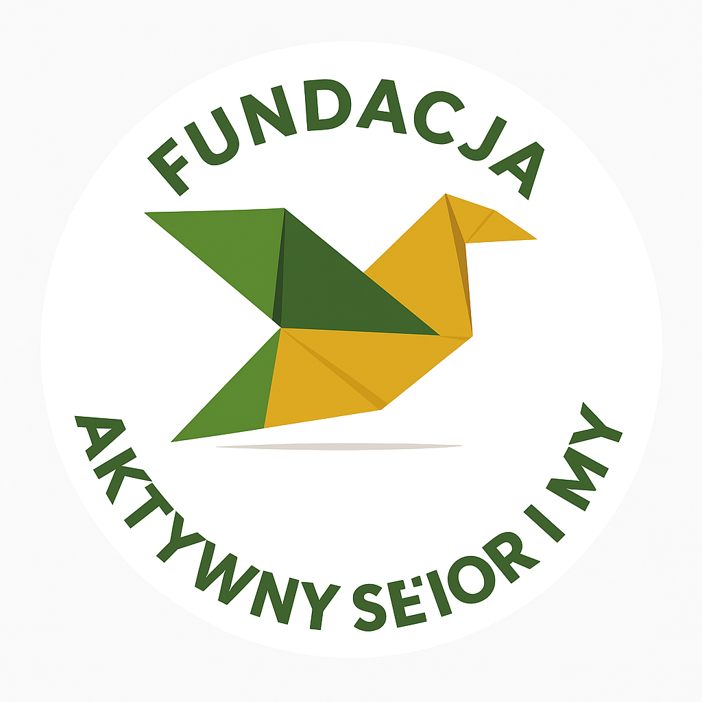 Logo Fundacji Aktywny Senior i My – stylizowany ptak z zielonych i żółtych elementów w formie origami, otoczony napisem z nazwą fundacji.