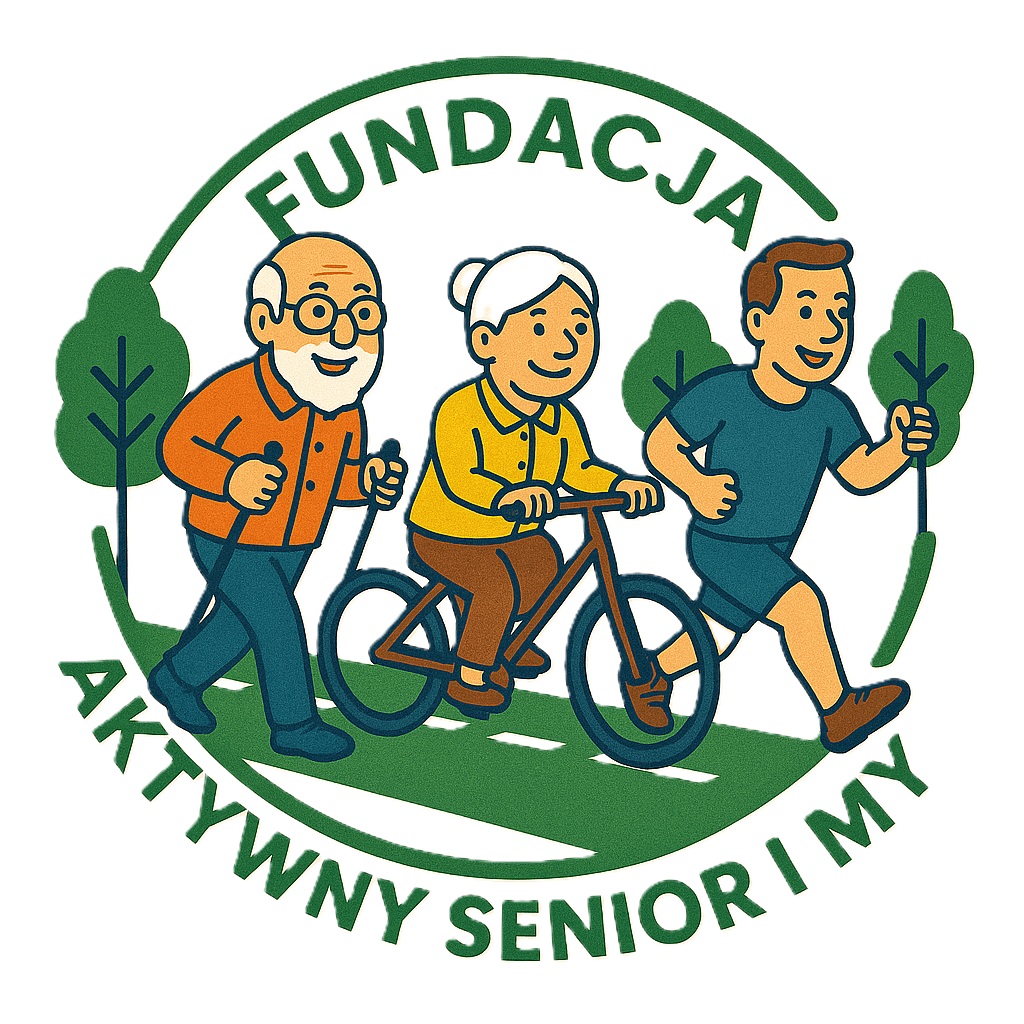 Logo przedstawia starszego mężczyznę z kijkami, seniorkę na rowerze i młodszego mężczyznę biegnącego, na zielonej ścieżce, otoczonych napisem Fundacja Aktywny Senior i My w zielonym okręgu.
