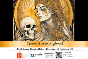 Miniatura plakat, rysunek kobiety z kłosami we włosach z czaszką obok niej