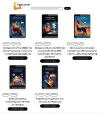 Miniatura Zrzut ekranu sekcji ‘Poradniki’ na platformie Fabryka Kreatywnych Projektów. Przedstawione są okładki pięciu e-booków dla NGO w formie tabletów. Tytuły: Dostępność cyfrowa NGO. Jak tworzyć dostępne strony www w organizacji pozarządowej, Dostępne dokumenty NGO. Jak tworzyć pliki Word, PDF, prezentacje i formularze bez barier, AI i dostępność. Jak pisać, tworzyć posty i filmy bez barier z pomocą sztucznej inteligencji, Skuteczny mailing fundraisingowy: od treści do kliknięcia, Projektowanie graficzne z AI: od Canvy do Midjourney. Pod każdym poradnikiem znajdują się krótkie etykiety tematyczne (np. dostępność, fundraising, AI, grafiki) oraz przyciski ‘Dowiedz się więcej’.