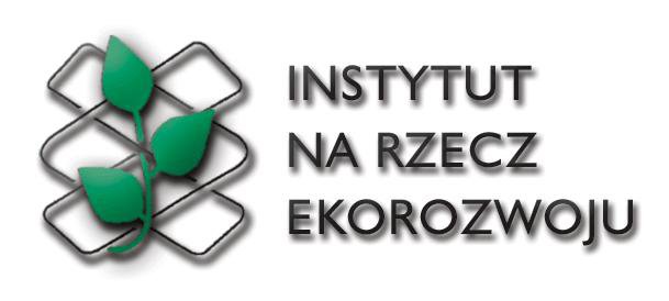 Logo Instytutu na rzecz Ekorozwoju – zielono-szara grafika przypominająca kostki połączone w kształt kwiatu, obok czarny napis „Instytut na rzecz Ekorozwoju”.