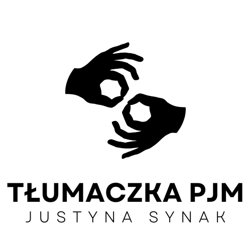 Logo na białym tle przedstawia dwie czarne dłonie w geście oznaczającym język migowy. Poniżej znajduje się czarny napis: "TŁUMACZKA PJM Justyna Synak"