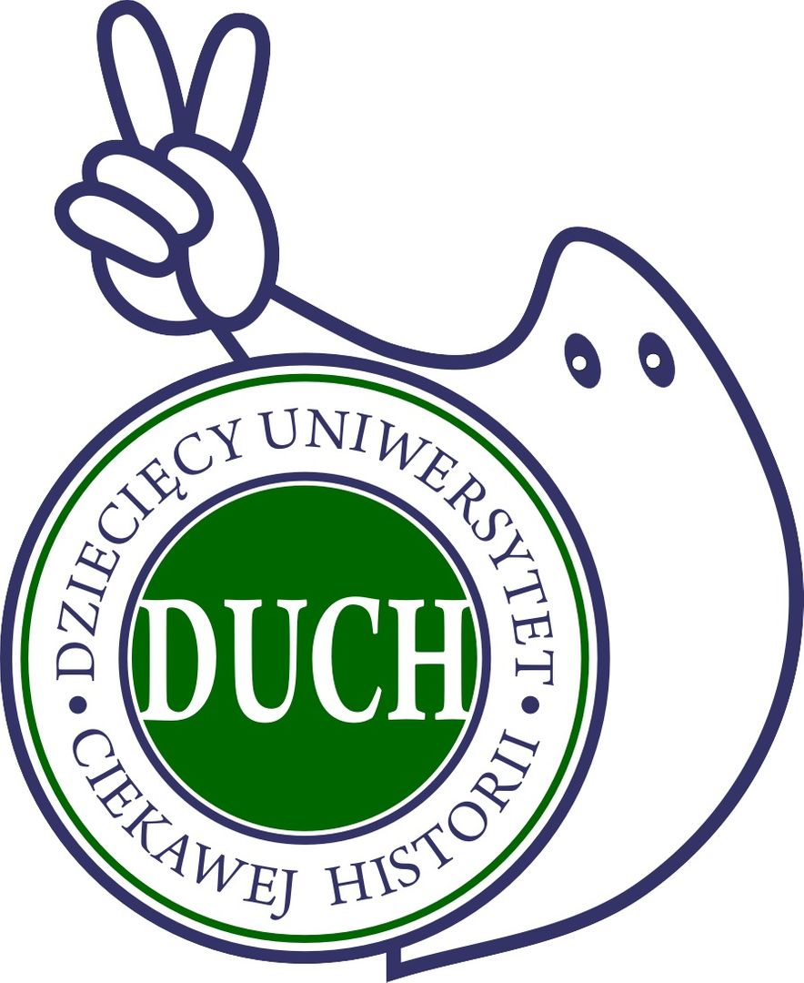 Logotyp fundacji - duszek unoszący dwa palce w geście zwycięstwa