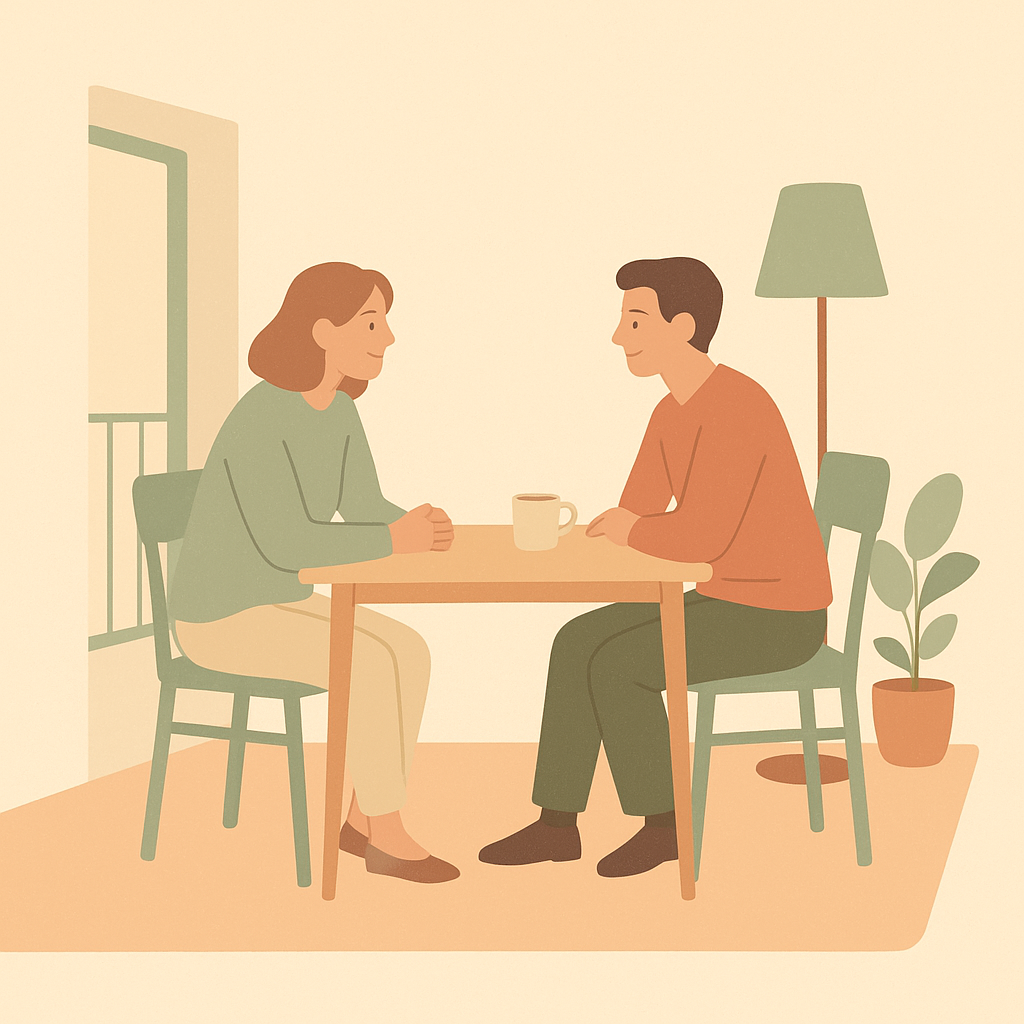 Dwie osoby siedzące przy małym stole w kawalerce. Rozmawiają przy kubku herbaty. Styl minimalistyczny. Atmosfera spokojna i wspierająca. To metafora rozmowy i pracy w mieszkaniu treningowym.