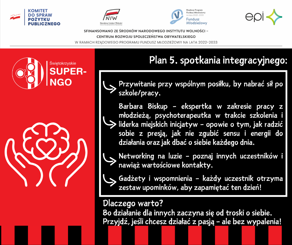 Plan 5. spotkania integracyjnego: Przywitanie przy wspólnym posiłku, by nabrać sił po szkole/pracy. Barbara Biskup – ekspertka w zakresie pracy z młodzieżą, psychoterapeutka w trakcie szkolenia i liderka miejskich inicjatyw – opowie o tym, jak radzić sobie z presją, jak nie zgubić sensu i energii do działania oraz jak dbać o siebie każdego dnia. Networking na luzie – poznaj innych uczestników i nawiąż wartościowe kontakty. Gadżety i wspomnienia – każdy uczestnik otrzyma zestaw upominków, aby zapamiętać ten dzień! Dlaczego warto? Bo działanie dla innych zaczyna się od troski o siebie. Przyjdź, jeśli chcesz działać z pasją – ale bez wypalenia!