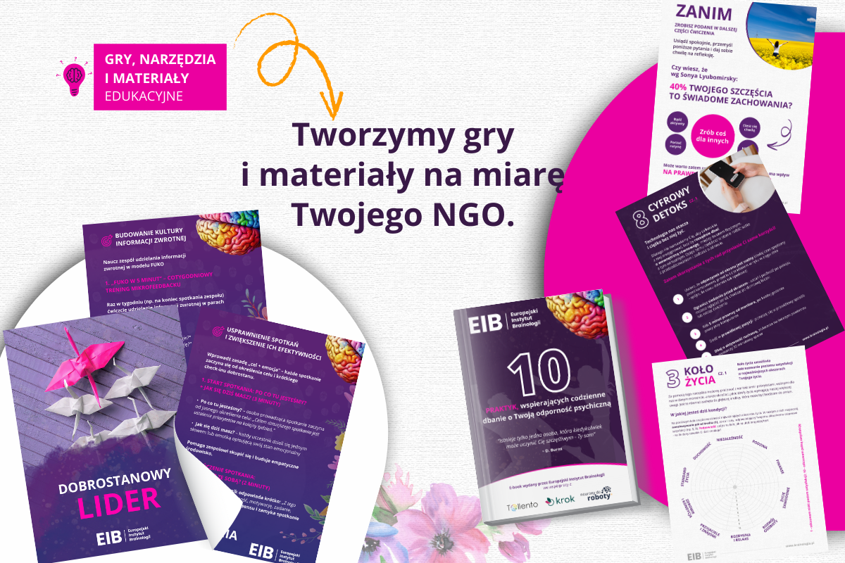 Baner prezentujący przykładowe materiały EIB: karty „Dobrostanowy lider”, e-book „10 praktyk wspierających codzienne dbanie o Twoją odporność psychiczną” oraz inne karty i ćwiczenia na intensywnym różowym tle. Grafika podkreśla, że fundacja tworzy gry, narzędzia i materiały edukacyjne szyte na miarę potrzeb organizacji.