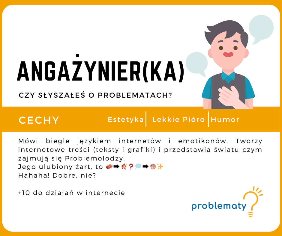 Karta postaci angażynier(ka) jak w grze planszowej. Na górze nazwa obok wizualizacja postaci, pod spodem główne cechy i krótki opis.